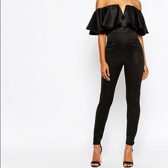 Boohoo Pants - Boohoo Off The Shoulder Frill Jumpsuit